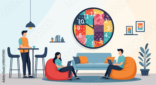 People working on laptops in a modern coworking space.