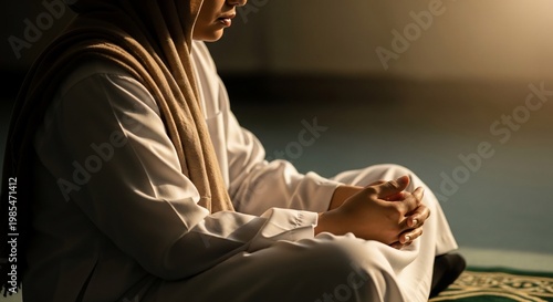 A Muslim woman in a hijab prays devoutly in a dimly lit room, her hands clasped in contemplation.