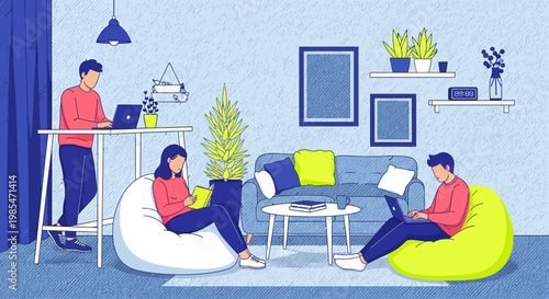 People working remotely in a cozy living room setting.