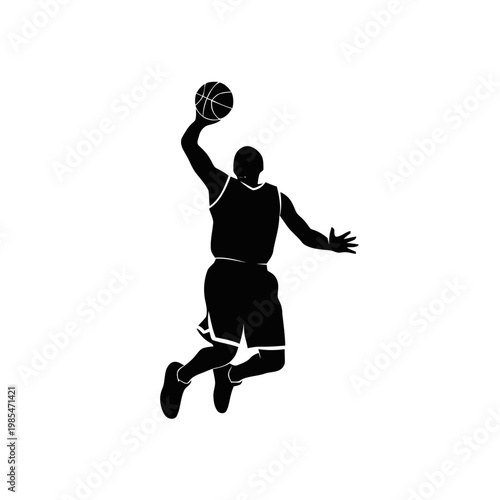 Basketball player performs a powerful slam dunk shot while leaping high into the air against a clean white background.