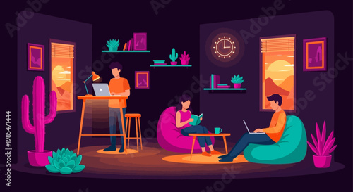 People working remotely in a cozy modern living room.