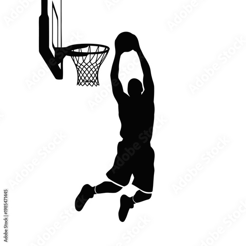 Basketball player performs a high vertical jump to execute a slam dunk into the hoop during a professional match.
