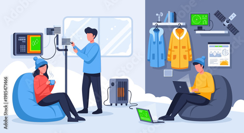 People working remotely in a cozy winter setting.