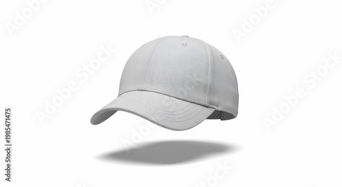 A plain white baseball cap floats in the air, casting a soft shadow on a white background.