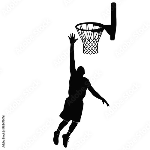 Basketball player performs a powerful slam dunk into the hoop in this athletic silhouette illustration.