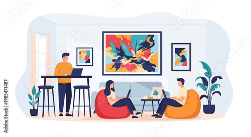 People working on laptops in a modern co-working space.