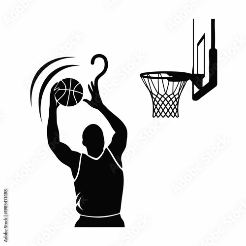 Basketball player silhouette prepares to shoot the ball into the hoop while standing near the backboard during a competitive game session in a professional sports arena setting.