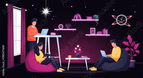 People working remotely in a cozy home office environment.