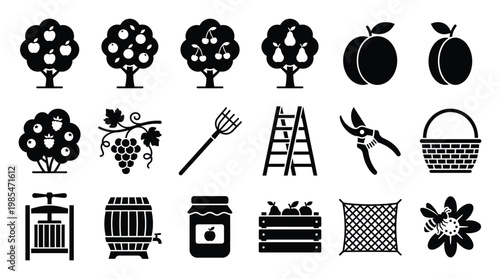 Comprehensive collection of fruit harvest icons featuring orchard trees, fresh produce, gardening tools, and processing equipment, perfect for farmingrelated infographics and agricultural