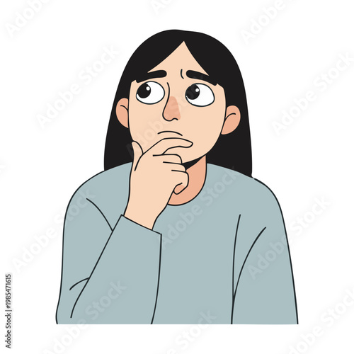 A cartoon woman looks worried and puzzled with her hand on her chin.