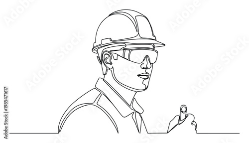 Continuous line drawing of a skilled engineer or industrial worker wearing a hard hat and safety glasses, suitable for safety regulations, construction, and technical project presentations.