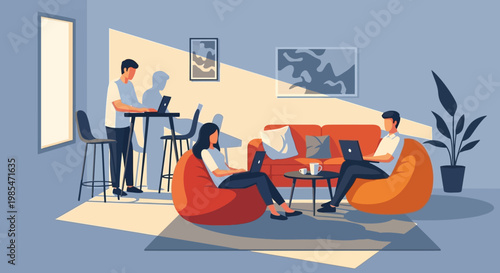 People working remotely in a modern co-working space.
