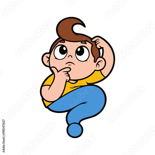 A cartoon boy with puzzled expression thinking deeply in confusion