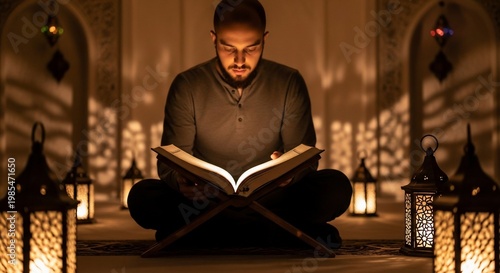 A man is sitting cross-legged in a dimly lit room, engrossed in reading a book placed on a wooden stand, surrounded by ornate lanterns casting intricate shadows.