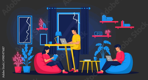 People working remotely in a modern co-working space.