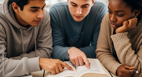 Three diverse young students collaborating and studying together from an open book.