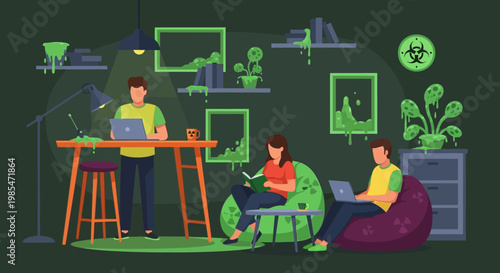 People working remotely in a modern co-working space.