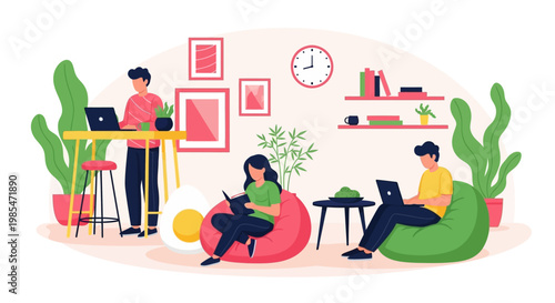 People working remotely in a modern co-working space.