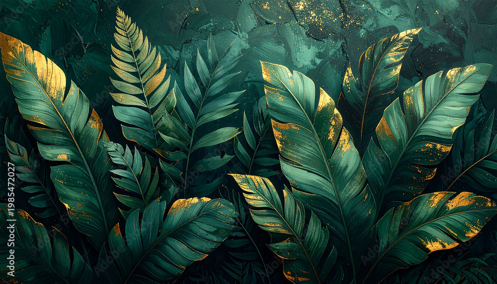 Fototapeta premium Emerald Ferns %26 Gold- Dark green tropical leaves with subtle gold-painted edges