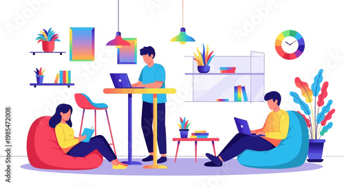 People working on laptops in a modern co-working space.