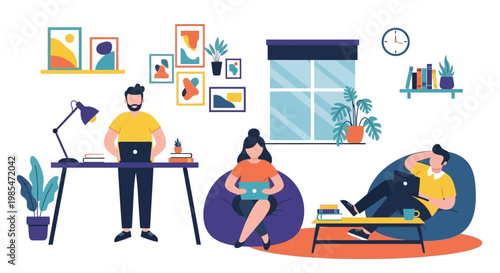 People working remotely in a modern home office setting.