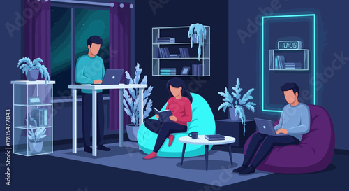 People working remotely in a modern living room.