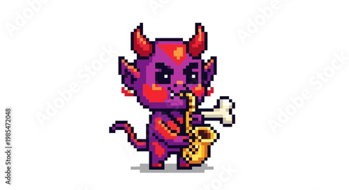 Pixel Art Devil Character Playing Saxophone.