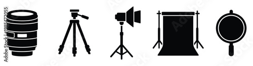 Photography studio equipment icons set featuring a camera lens, tripod, strobe light, backdrop, and reflector, ideal for graphic design resources and professional creative projects