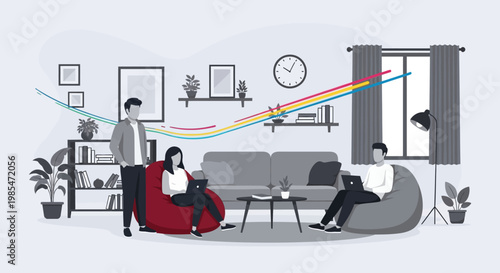 People working remotely in a modern living room.