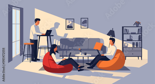 People working remotely in a modern living room.