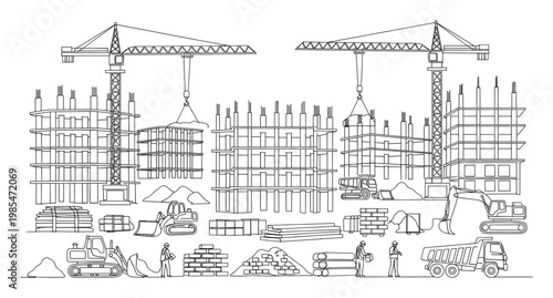 Black and white outline drawing illustrating a busy construction site featuring towering cranes, partially built structures, heavy machinery, and workers on urban development projects