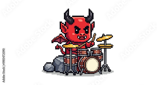 Pixel Art Devil Playing Drums with Horns and Wings.