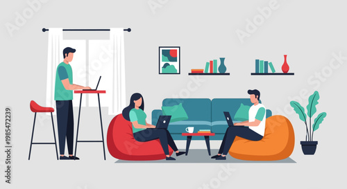 People working on laptops in a modern living room setting.