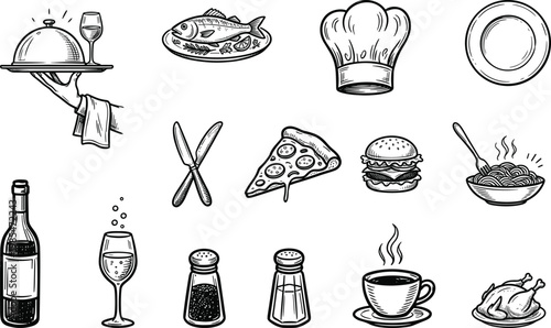 Culinary delights a sketch collection of food cooking tools and beverage items in black and white