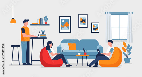 People working on laptops in a modern living room setting.