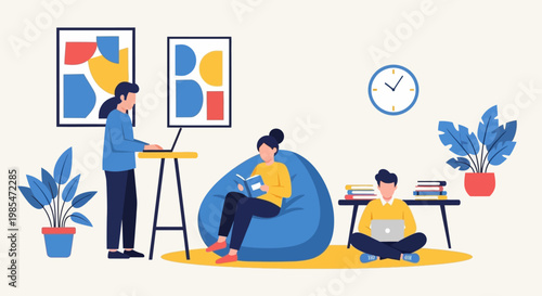 People working and studying in a modern coworking space.