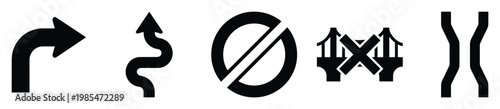 Variety of vector symbols for navigation and warnings, featuring a curved turn arrow, winding path, prohibition sign, closed bridge, and wavy river lines, suitable for map interfaces and