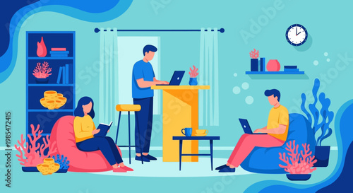 People working on laptops in a modern living room setting.