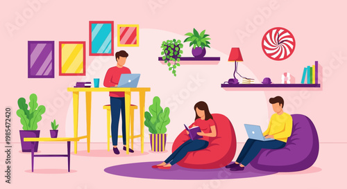 People working and relaxing in a modern co-working space.