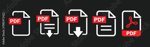 PDF file format icons set. PDF file download symbols. Format for texts, images, vector 