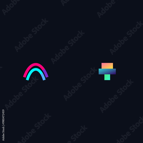 Abstract corporate tech set featuring a colorful layered ribbon and a geometric stepped block illustration.  illustration