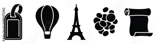 Collection of travel and adventure icons with a luggage tag hot air balloon famous landmark grapes and a scroll useful for vacation planning applications or promotional materials.