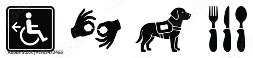Essential universal accessibility and everyday service symbols including wheelchair access, sign language communication, service animal assistance, and dining cutlery icons for public