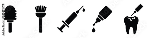 Essential dentistry tools and treatment process icons for dental clinics, oral health applications, and medical information presentations.