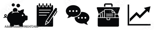 A cohesive visual compilation of modern business management and financial success vector icons symbolizing diligent money saving, strategic planning, clear communication, professional