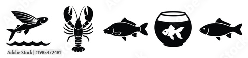Diverse aquatic creatures vector collection including ocean fish, shellfish, and freshwater pets perfect for wildlife, food, and pet industry branding projects