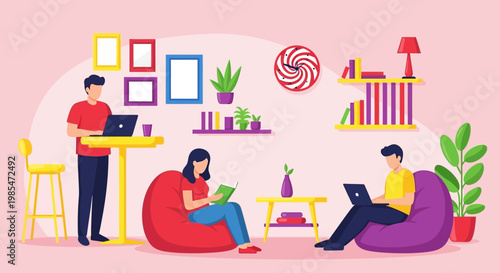 People working and studying in a modern co-working space.