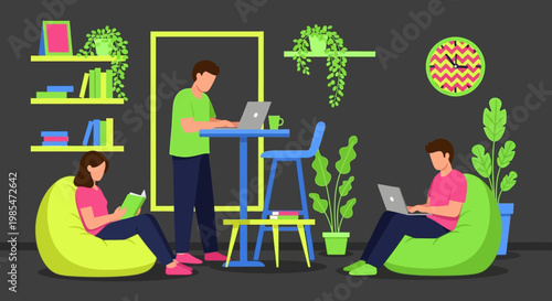 People working and studying in a modern co-working space.