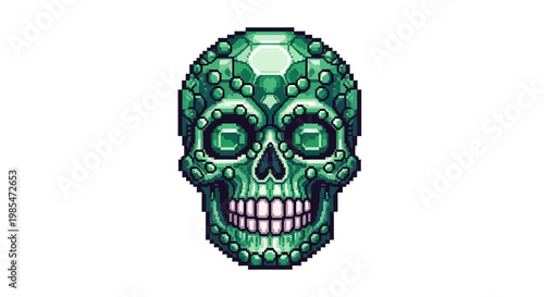 Pixel Art Emerald Skull with Intricate Gemstone Details.