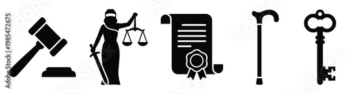 Legal and estate planning icon set featuring a judges gavel, Lady Justice, a will document, an aged persons walking stick, and an antique key symbolizing law, inheritance, and last will